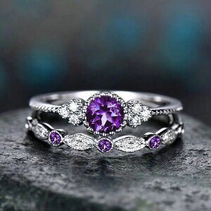NEW 925 Sterling Silver Diamond Amethyst Ring Purple Stone Ring Set of 2 Rings